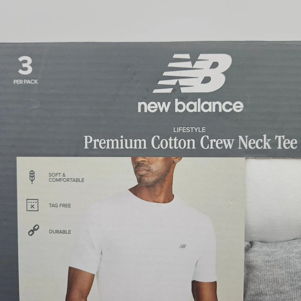 New Balance Mens Size Med Premium Cotton Crew‎ Neck Tee 3 Pack White Grey Green